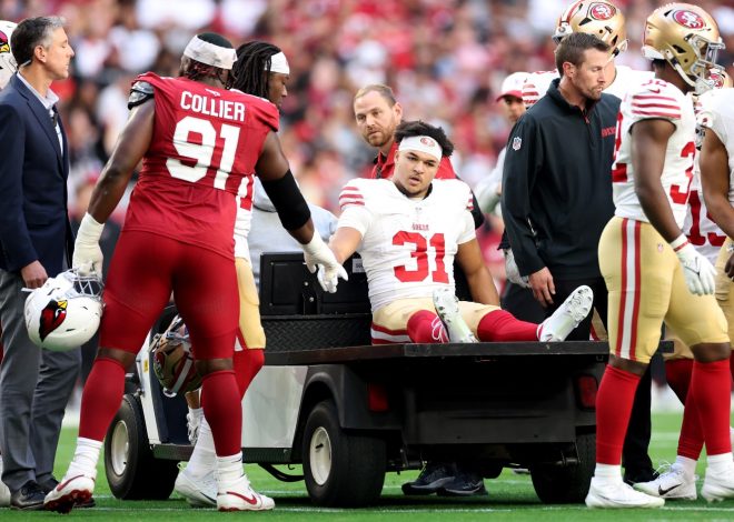 49ers running back Isaac Guerendo carted off with leg injury