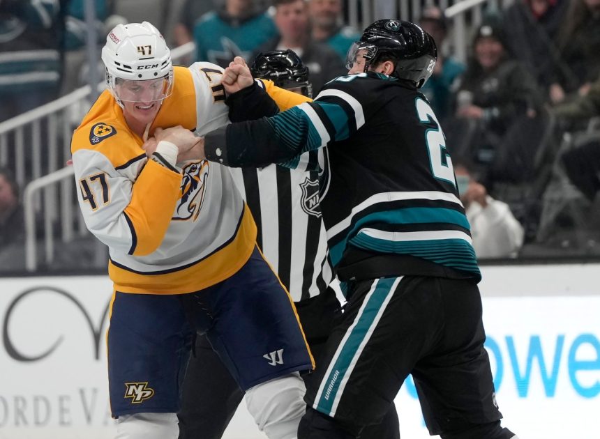 Sharks’ frustrations boil over with three fights in four seconds against Nashville