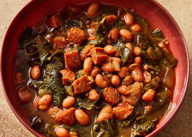 Flavorful chorizo brings meaty depth to a paprika pinto bean soup with collard greens