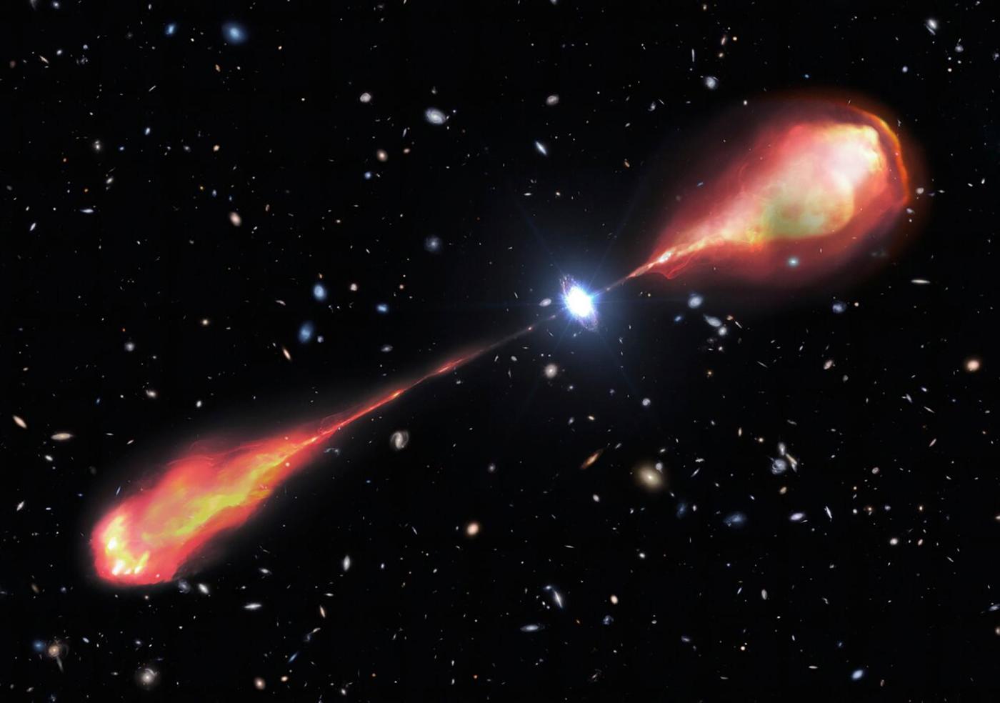 Telescopes spy a monster radio jet streaming from a bright and early object in the universe