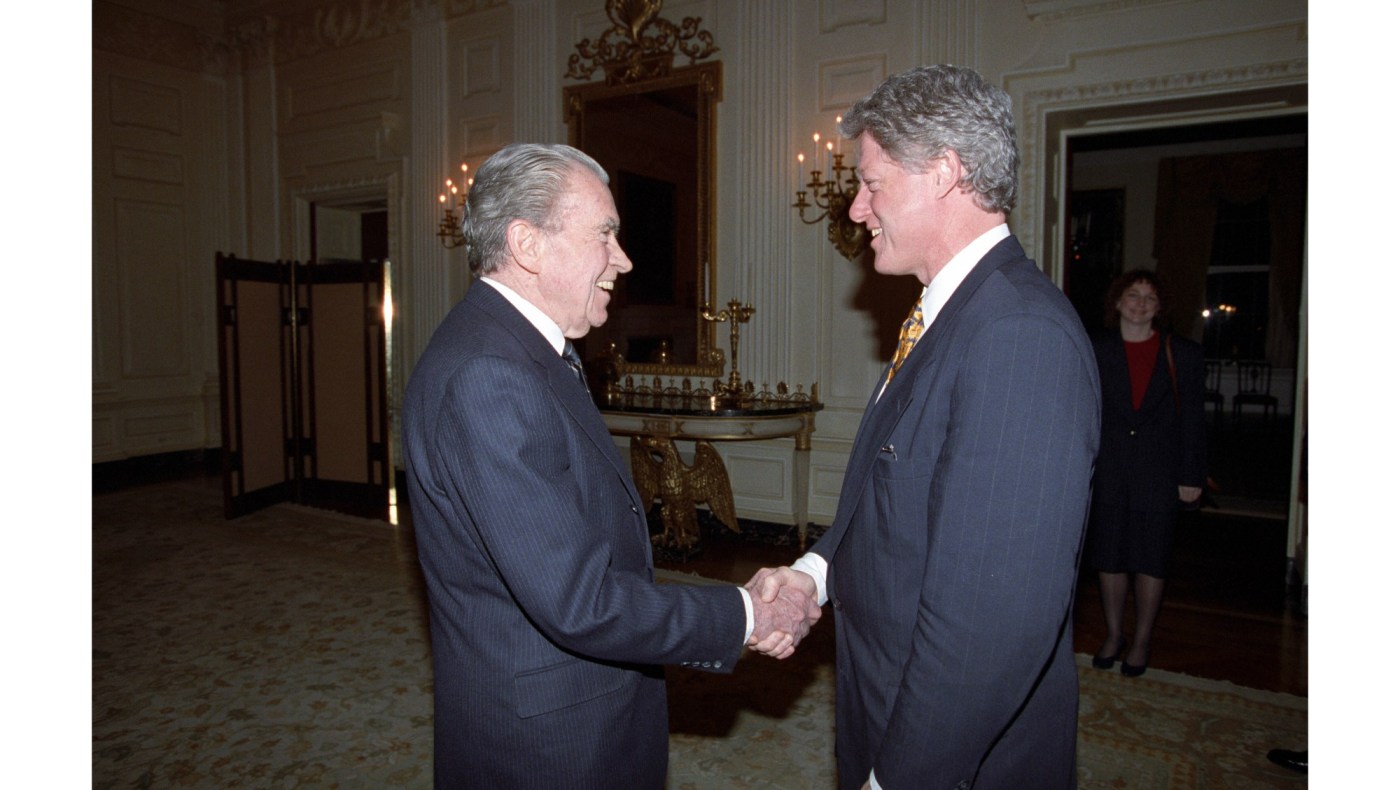 Watch the unreleased 1993 footage of Presidents Nixon and Clinton meeting, a video made public for first time