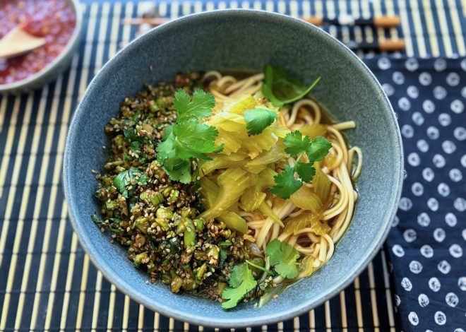 Recipe: Hot and sour udon with celery and sesame-edamame gremolata