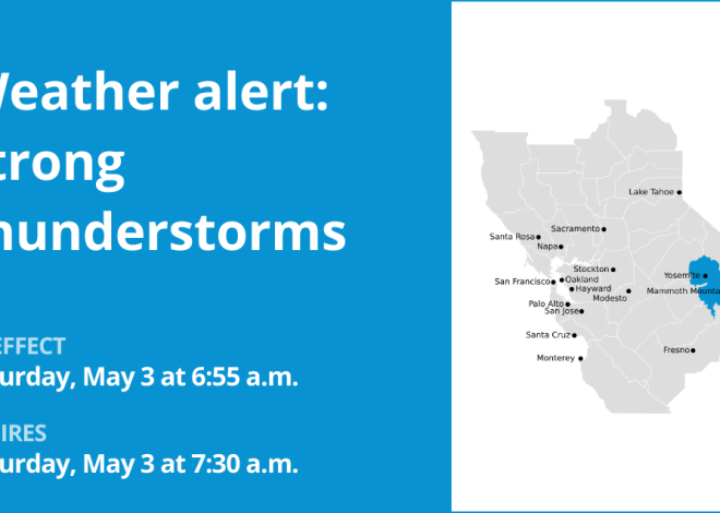 Thunderstorms with pea-sized hail in Yosemite and Upper San Joaquin River Saturday – gusts may reach 40 mph