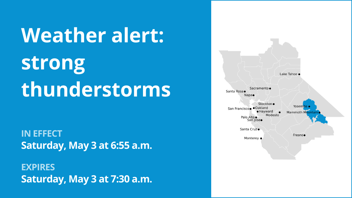 Thunderstorms with pea-sized hail in Yosemite and Upper San Joaquin River Saturday – gusts may reach 40 mph