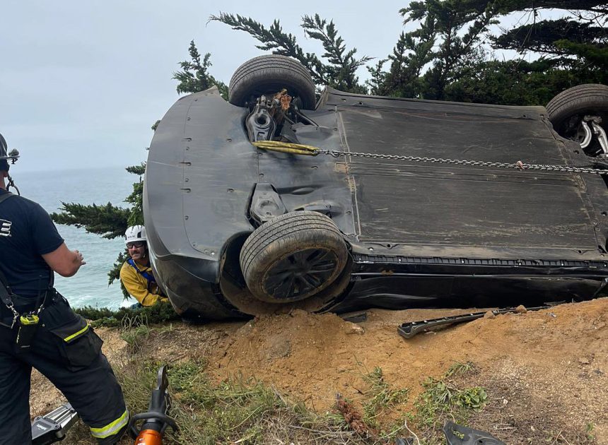 Driver crashes, nearly plummets over San Mateo County cliff