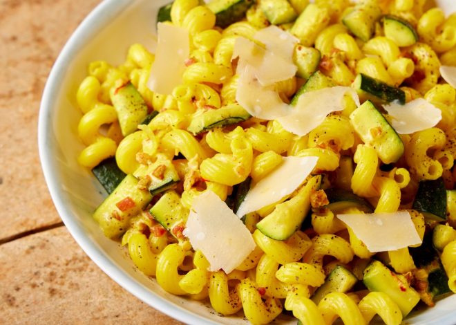 Saffron brings golden hue to this zucchini and pasta dish
