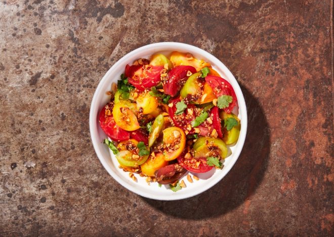 Savory-spicy peanut dressing complements tomato’s sweetness